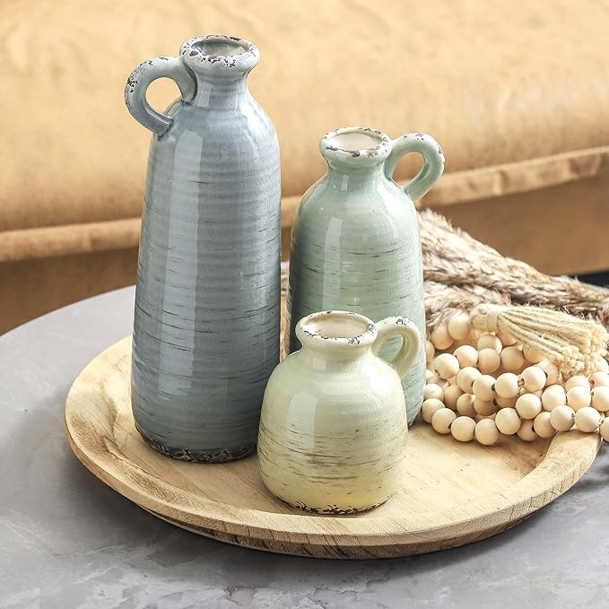 Ceramic Vase Set of 3 | Neutral Vase Home Decor with Handle | Pottery Modern Farmhouse Vases Pampas Grass Flower Vases for Home Decor Table Living Room Centerpieces Mantel Decor - Multicolor