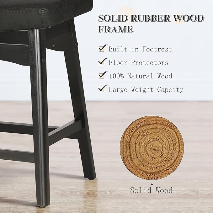 PHI VILLA Counter Height Bar Stools Set of 3 - Farmhouse Barstools with Upholstered Saddle Seat and Solid Wood Legs, Kitchen Counter Island Stools