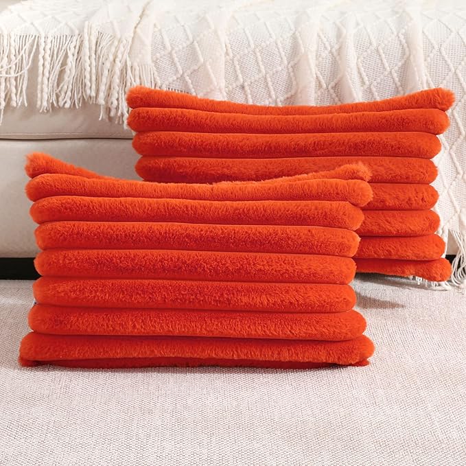 FUTEI Burnt Orange Striped Decorative Throw Pillow Covers 12x20 Inch Set of 2,Rectangle Fall Decorations Couch Lumbar Pillowcase,Soft Cozy Faux Rabbit Fur & Velvet Back,Modern Home Decor for Bed