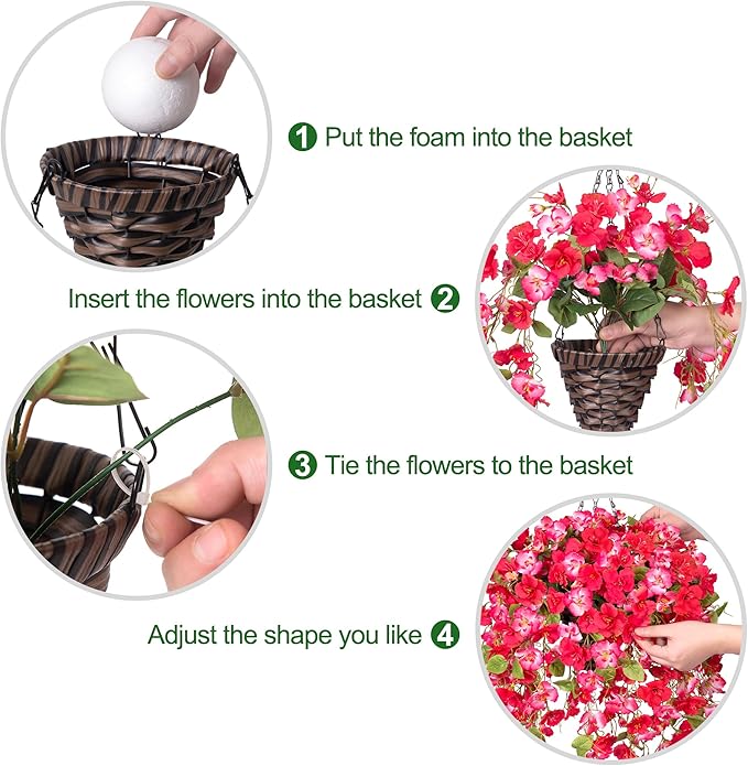 Artificial Fake Hanging Hibiscus Flower Baskets for Outdoor Decoration, Faux Silk Hibiscus Long Vines in Planter UV Resistant Realistic Flowers for Outside Porch Patio Home Decor, RedPink