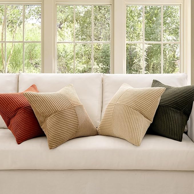 MIULEE Rust-Olive Green Decorative Throw Pillow Covers 20x20 Inch Set of 4 Boho Color-Clash Cushion Cases Farmhouse Pillow Cases Corduroy Striped Fall Home Decor for Couch Sofa Living Room Bed