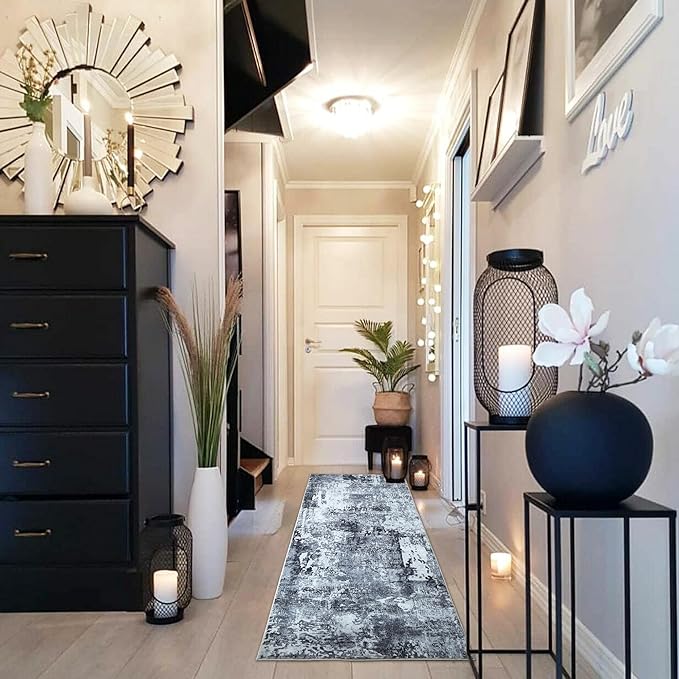 Runner Rug 2x6 Hallway Rugs Washable Boho Rug Soft Area Rug Abstract Pattern Non-Slip Faux Wool Vintage Rug for Kitchen, Entryway, Laundry, Bedroom, Grey and Black
