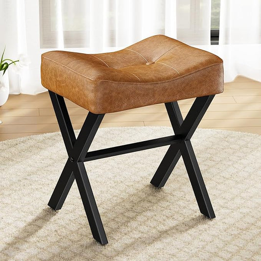 18-Inch Leather Vanity Stool Chair, Vanity Bench with Metal X-Leg, Ottoman Accent Stool with Thick Padded Saddle Seat, Brown