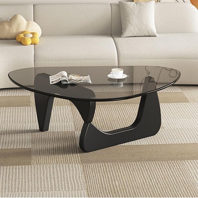 EASYSOUL Modern Glass Coffee Table, 44.88" D x 32.28" W x 15.75" H, Abstract Round Tea Tables for Living Room Home Office Industrial Cocktail Tables (Black-Gray Glass, 44.88")