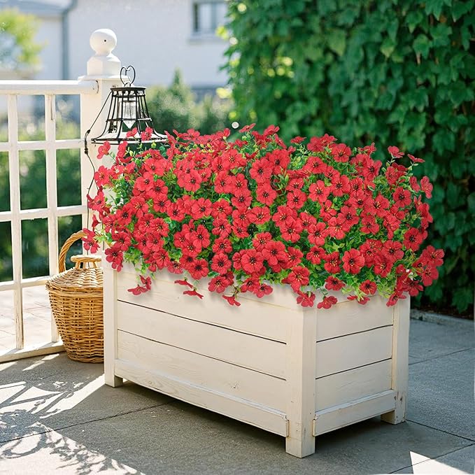 20 Bundles Artificial Flowers for Outdoors Decoration Fake Silk Flowers UV Resistant Faux Plants Artificial Daisy Eucalyptus for Spring Summer Garden Yard Porch Window Home Decor, Red