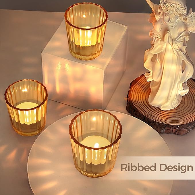 ComSaf Votive Candle Holders, 12 PCS Glass Candle Holders, Ribbed Tealight Candle Holder for Table Centerpieces, Gold Candle Holder for Wedding, Party, Baby Shower, Special Occasions, Fall Home Decor