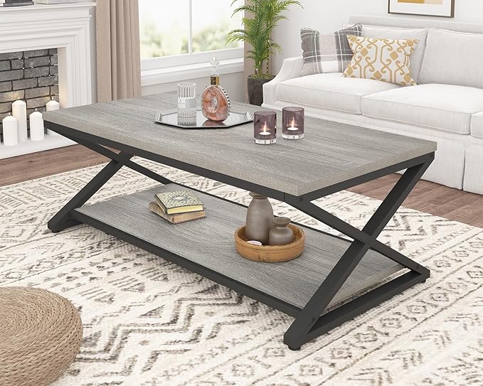 HSH Coffee Table with Storage, Farmhouse Grey Living Room Center Table, Industrial Wood and Metal Rectangle Coffee Tables, Simple Rustic 2 Tie Cocktail Tea Table for Home Office Bedroom, 47 Inch