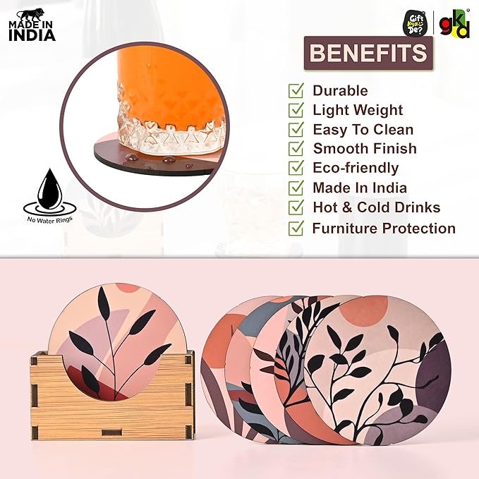 GKD Wooden Coasters for Drinks, Coasters Set of 6 with Holder, 3.5 inches Eco-Friendly Absorbent Coaster for Coffee Table, Bar, Drinking Glasses, Tabletop Protection (1, Modern Art)