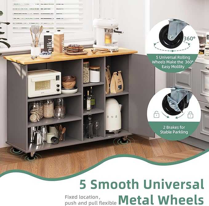 Shintenchi 47”W Kitchen Storage Island Cart with 6 Open Shelves and 1 Cabinet, Portable Trolley Cart with Wood Work Top and Handle/Towel Rack, Gray