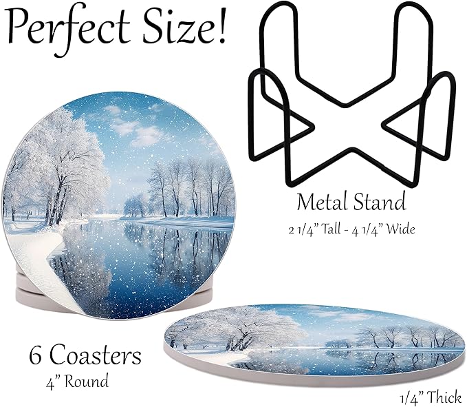 Winter Wintertime Snow Season Round Coasters Set of 6 - Abosrbent Ceramic Coasters with Metal Stand for Drinks, Coffee, Non-Slip Cork Back for Tabletop Protection, 4 Inches (Snow)