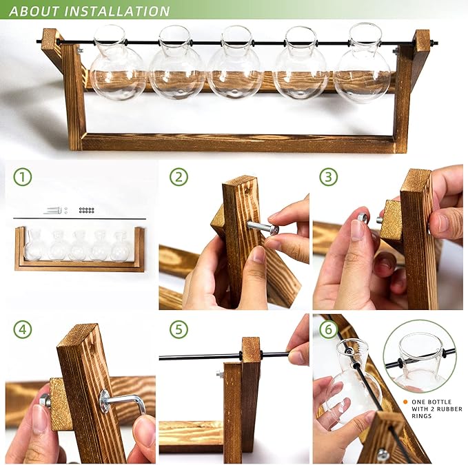 CFMOUR Plant Terrarium with Wooden Stand, Desktop Propagation Stations Glass Air Planter Metal Swivel Holder for Indoor Live Hydroponics Plants Office Home Garden Decor (5 Bulb Vase)