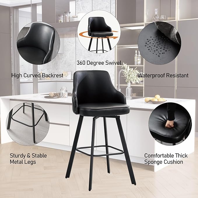 Bar Stools Set of 2, 30" Swivel Bar Height Bar Stools with High Back, Faux Leather Kitchen Bar Chairs for Kitchen Island (Black, 2PCS 30" Bar Stools)