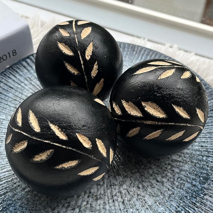 Set of 6 Decorative Orbs for Bowls and Vases- Leaf Pattern - 2.6in Resin Round Sphere Balls for Living, Dining Room Coffee Table Centerpiece Home Decor