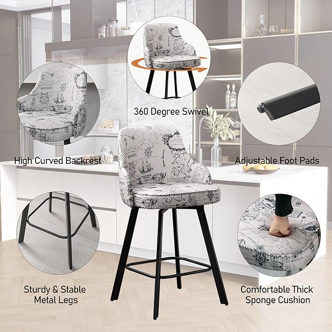 Bar Stools Set of 3, 26" Swivel Counter Height Bar Stools with High Back, Linen Kitchen Barstools Counter Height for Kitchen Island (Beige (Nautical Print), 3PCS 26" Counter Stools)