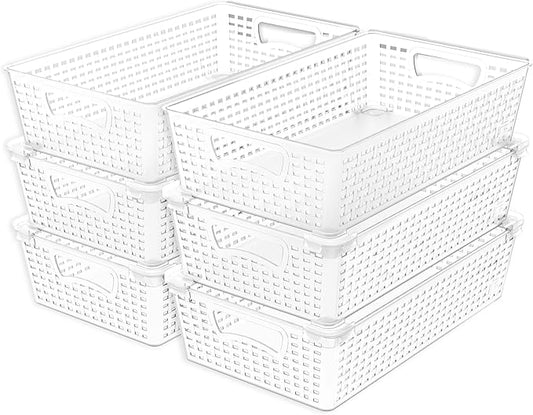 Simple Houseware Stackable Plastic Woven Basket Organizer, 6 Pack, 14.5" x 8.5" x 3.5", Clear