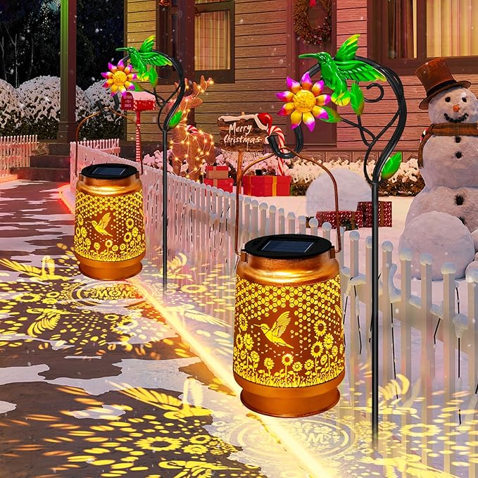 Solar Lanterns Outdoor Waterproof with Shepherd Hook,Hummingbird Garden Decor Christmas Decorations Birthday Gifts for Women Mom,Hanging Solar Lights Metal Bird Decorative for Yard,Patio,Porch,Lawn