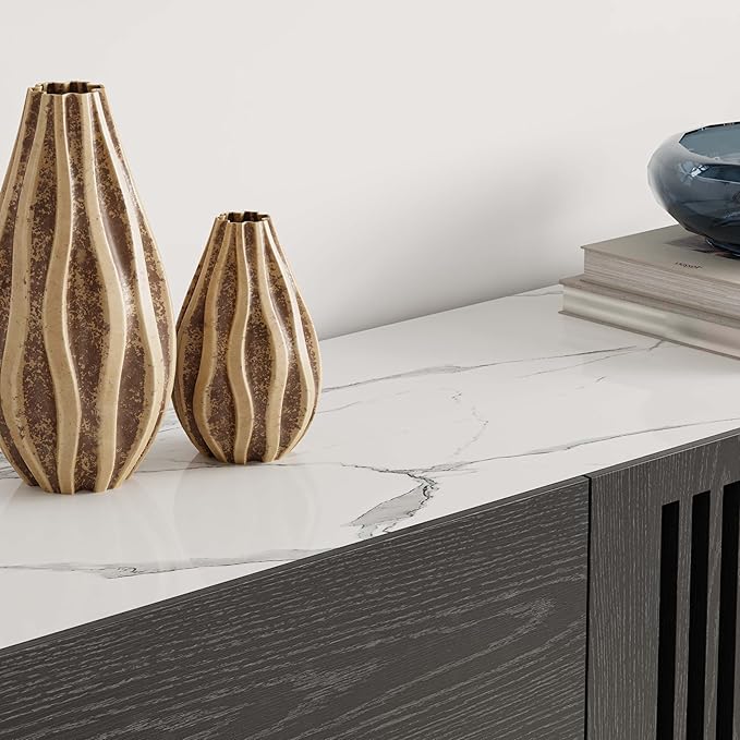 POVISON Fully-Assembled Mid Century Modern Sintered Stone TV Stand, Slatted Media Console TV Cabinet with Tall-cast Metal Legs, Fluted Entertainment Center with Storage (Black, 62.99")