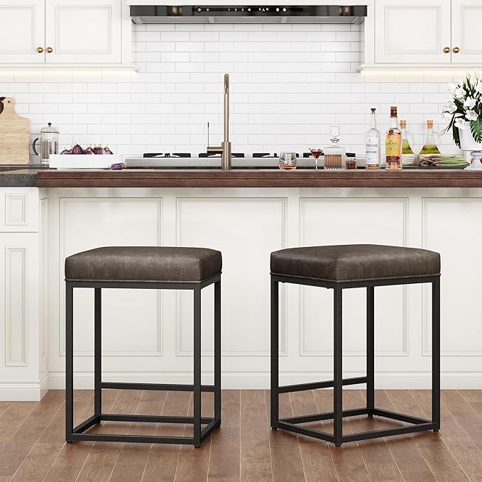 PHI VILLA Bar Stools Set of 2 - Thick Cushion Bar Chairs Metal Steel Frame Base with Footrest, Counter Height 24'' Bar stools