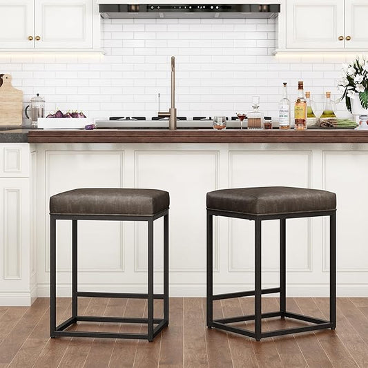 PHI VILLA Bar Stools Set of 2 - Thick Cushion Bar Chairs Metal Steel Frame Base with Footrest, Counter Height 24'' Bar stools