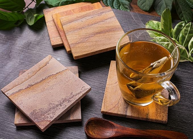 Sandstone Water Absorbent Hand Crafted Round Coasters for Drinks - 4 Inches Wide Thirsty Stone Bar, Drink Coasters- Made from Rainbow Sandstone (Design 5)