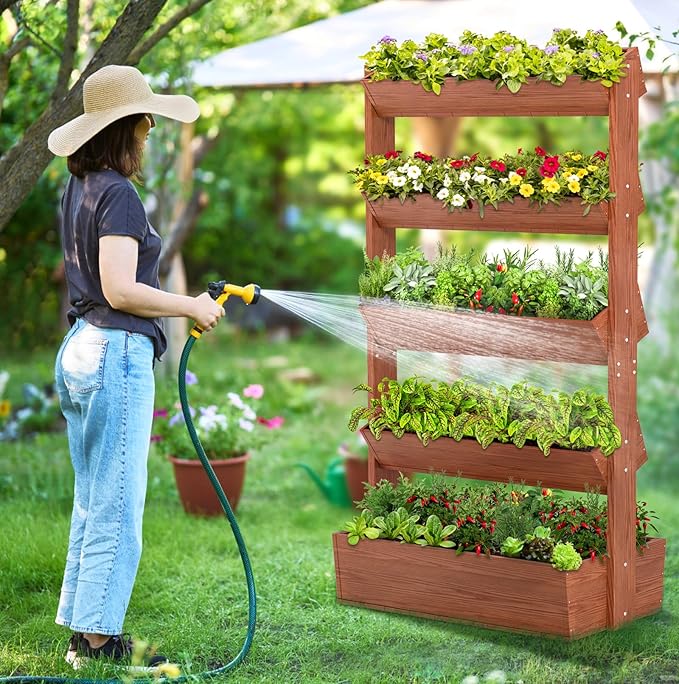 Wooden Vertical Raised Garden Bed, 5 Tier Garden Planters Raised Beds Freestanding Plant Stand Flower Rack Wooden Planter Box for Plants Herbs Flowers Vegetables Outdoor Indoor Gardening