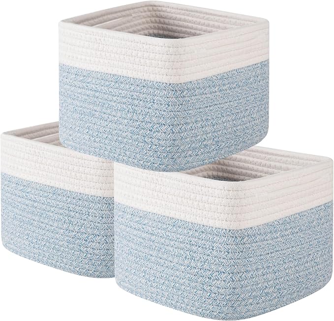 OIAHOMY 9”x9”x7” Storage Cubes, Cotton Rope Woven Baskets for Organizing, Cube Storage Bin, Small Gift Basket for Shelf, 3-Pack, Blue&White