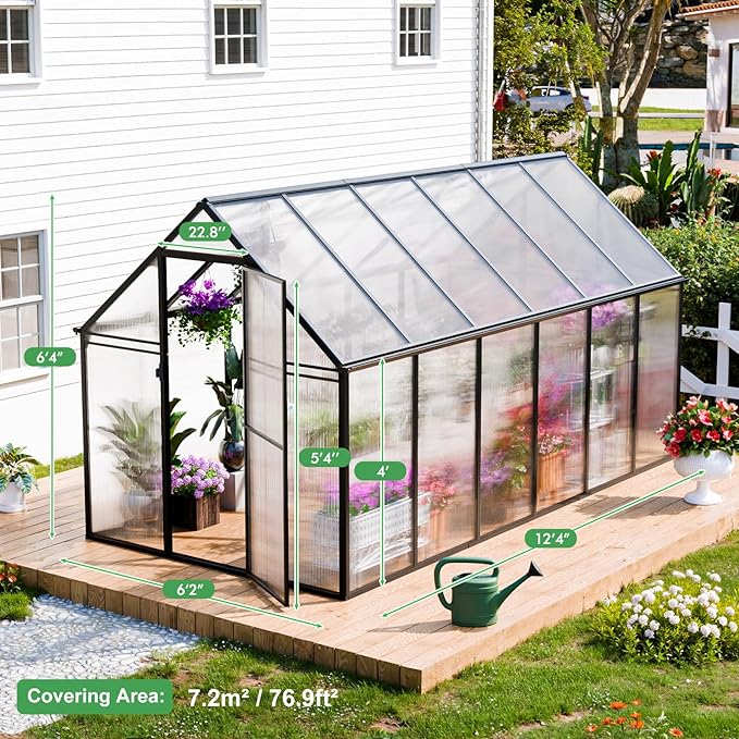 CDCASA 12x6x6 FT Greenhouse for Outdoors, Large Polycarbonate Greenhouse Aluminum Greenhouses w/Vent Window, Swing Door & Easy Assembly Walk-in Green House for Patio, Backyard, Garden, Black