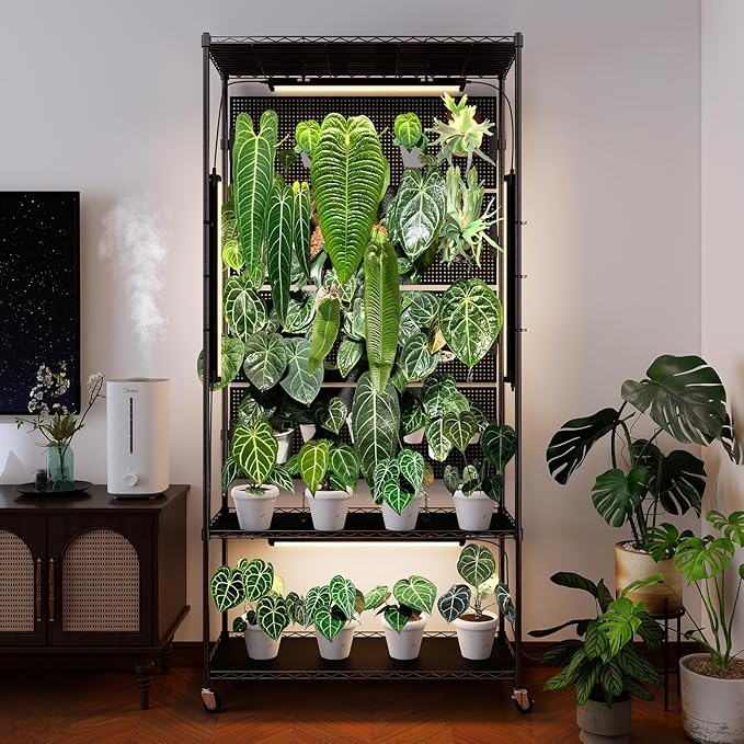 Bstrip Plant Shelf with Grow Light & 4 Pegboard, Metal Plant Stand with Adjustable Rack and Wheels, 4 x 24W Full Spectrum Grow Light Strip for Indoor Plants, Foliage Plants, Seedling, 35.4"x13.8"x71"