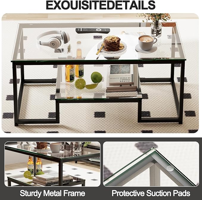 Coffee Table Black Glass Coffee Table for Living Room,2 Tiers Rectangle Center Table with Sturdy Metal Frame,Modern Tempered Glass Accent Table for Bedroom Home Office