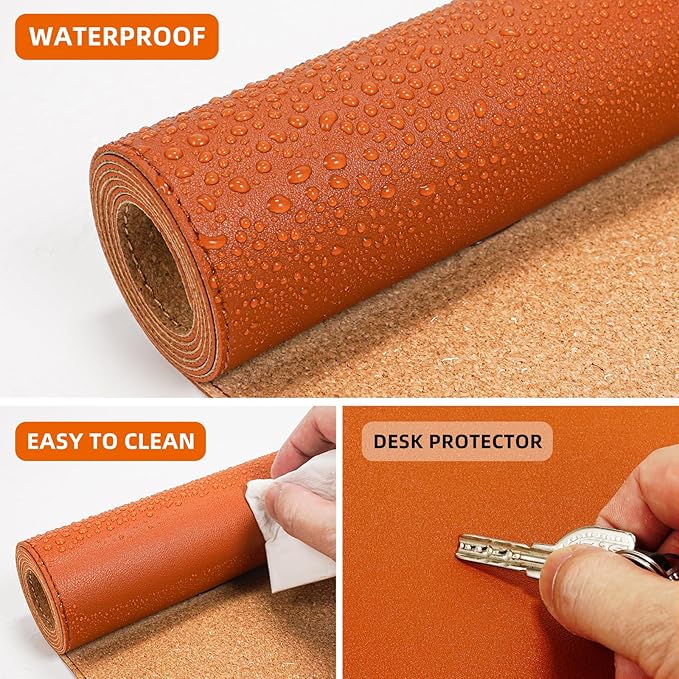AFIING Leather Desk pad Protector, Large Desk mat with Natural Cork & PU Leather,Mouse pad,Non-Slip Office Desk Mat,Waterproof Desk Writing Pad for Office and Home (47in*23in, Orange)
