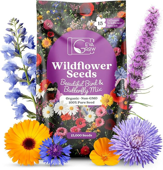 Bird & Butterfly Wildflower Seeds – 1oz Packet (15,000+ Seeds, Covers 100 Sq Ft) | 18 Flower Varieties, Annual & Perennial | Organic, Non-GMO | Garden & Potting Mix for Pollinators & Wildlife