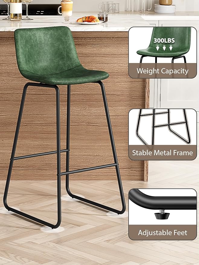 Bar Stools Set of 3, 30 Inches Counter Height Bar Stools with Back, Modern Faux Leather Barstools with Metal Legs and Footrest, Bar Chairs for Kitchens Island (Green)