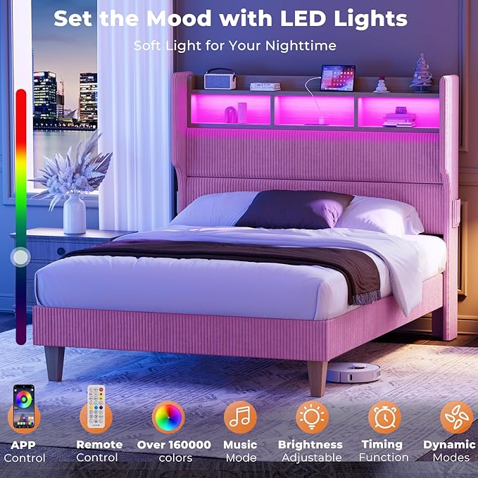 Full Size Bed Frame with 51" Tall Corduroy Wingback Headboard and Storage Shelf, Upholstered Platform Bed with LED Lights & Charging Station, No Box Spring Needed, Easy Assembly, Pink