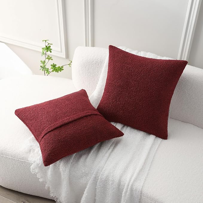 FUTEI Pack of 2 Burgundy Decorative Throw Pillow Covers 24x24 Inch Soft Cozy Solid Boucle Textured European Cushion Case,Modern Home Decor for Couch Bed Living Room