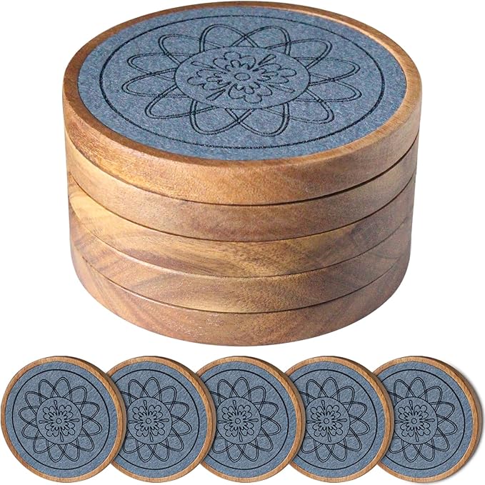 Wood Coasters for Drinks, Absorbent Coaster Sets of 5, Drinks Coasters for Coffee Tabletop Protection, Non-Slip, Non-Stick, Suitable for Kinds of Cups Wooden Table Hot or Cold Drink, 4.3 Inches