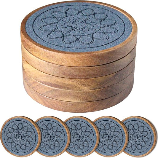 Wood Coasters for Drinks, Absorbent Coaster Sets of 5, Drinks Coasters for Coffee Tabletop Protection, Non-Slip, Non-Stick, Suitable for Kinds of Cups Wooden Table Hot or Cold Drink, 4.3 Inches