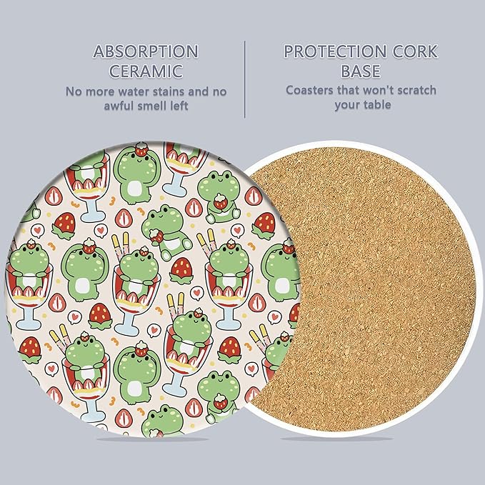6 Pcs Coasters for Drinks with Holder, Cute Frog Absorbent Ceramic Coasters with Cork Base,Cute Funny Table Drinks Coasters Tabletop Protection Mat,Table Home Decor,4 Inches