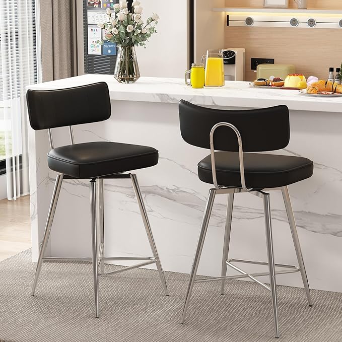 Swivel Counter Height Bar Stools Set of 4, 26" Leather Kitchen Swivel Counter Stools with Backs, Metal Legs and Footrest, Bar Chairs for Kitchen Island, Black