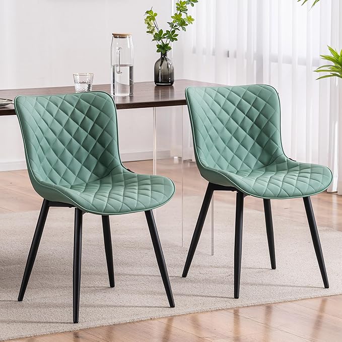 YOUTASTE Light Green Dining Chairs Set of 2 Mid Century Modern PU Leather Diamond Upholstered Accent Guest Dinner Chair with Back Metal Legs for Kitchen Living Reception Waiting Room