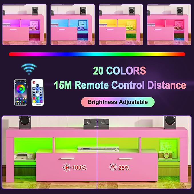 Clikuutory Modern Lighting 63 inch TV Stand with Large Storage Drawer for 50 55 60 65 70 75 Inch TVs, TV Console with 20 Color LED Lights, Entertainment Center Media and Open Shelf for Bedroom, Pink