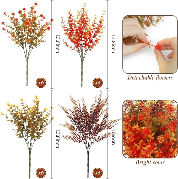 Ouddy Decor 24 Bundles Artificial Fall Flowers for Outdoor Decoration UV Resistant Fake Mums Plants Faux Boston Fern for Indoor Outdoor Garden Window Box Patio Fireplace Autumn Harvest Home Decor