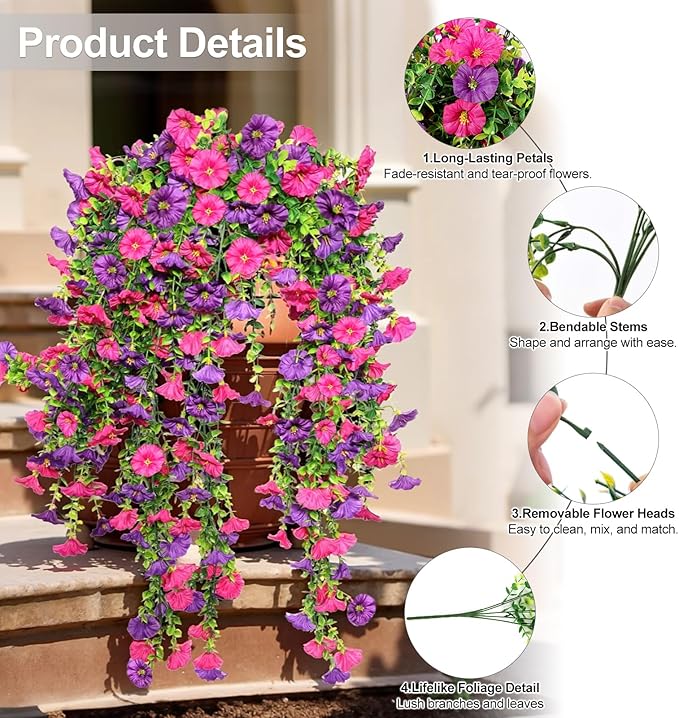 Artificial Flowers for Outdoors Decoration, 4Pcs Fake Hanging Flowers Morning Glory UV & Fading Resistant, Artificial Faux Plants Deocr for Home Porch Patio Balcony Planter Yard Garden Farmhouse