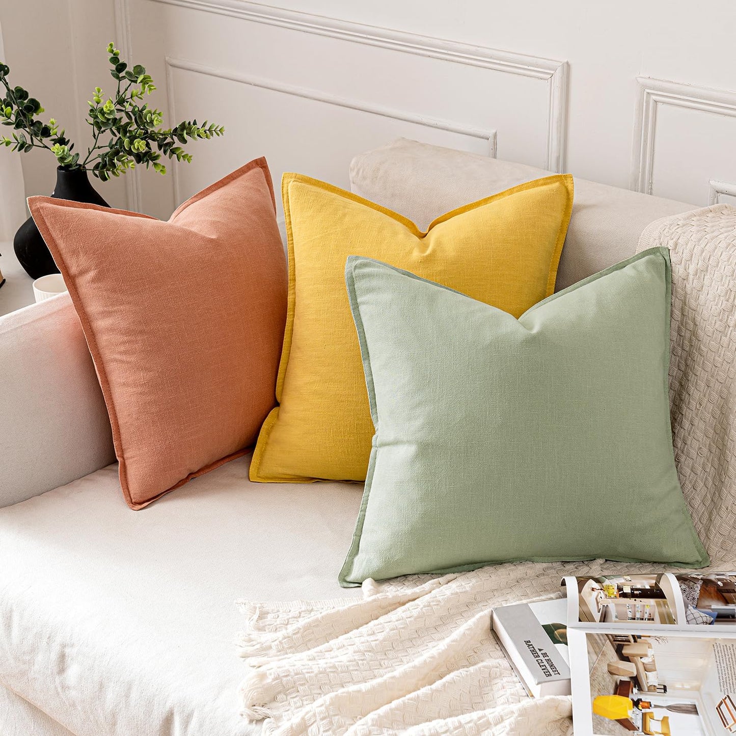 MIULEE Decorative Linen Euro Sham Pillow Covers 22x22 Inch Light Green Boho Farmhouse Neutral Couch Throw Pillows for Bed Pack of 2 Accent Modern Pillowcase Summer Sofa Livingroom Home Decor