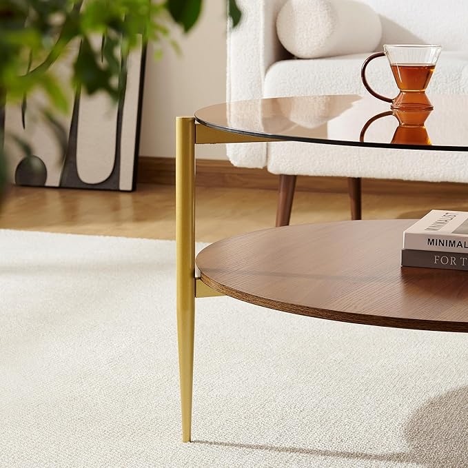 Round Coffee Table, Mid-Century Modern Design, D30*H17 inch, for Living Room, 2-Tier Structure, Amber Glass Top and Walnut Wood Shelf, Sleek Conical Metal Legs with Gold Finish