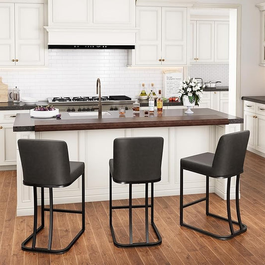PHI VILLA Dark Grey Bar Stools Set of 3, Faux Leather Counter Height Chairs, Kitchen Stools for Island, 24 Inch Barstools with Back