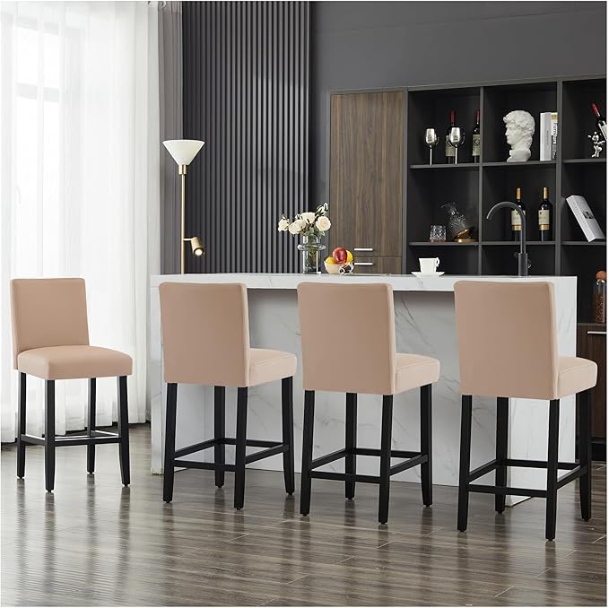26'' Faux Leather Bar Stools Set of 4, Modern Upholstered Bar Chairs with Back, Soild Wood Legs Barstools for Kitchen Island, Light Brown