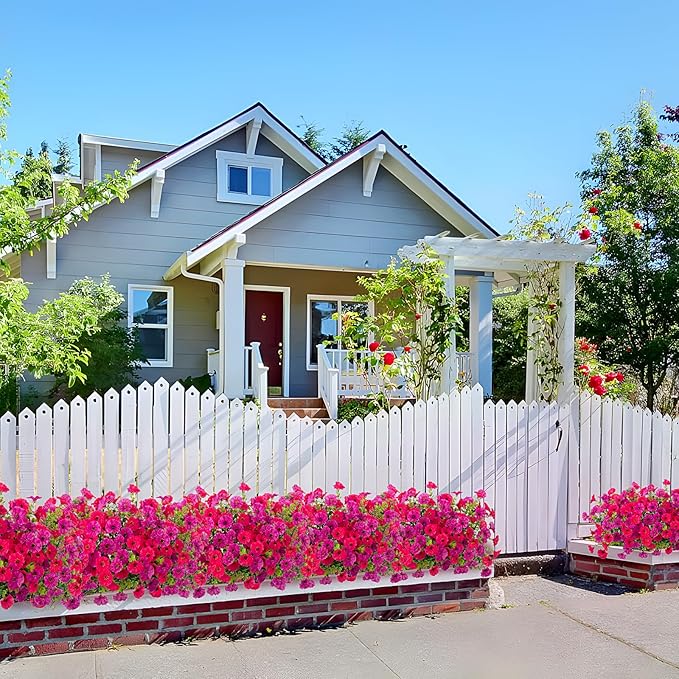 Artificial Flowers for Outdoors, 10 Bundles Fake Plastic Flower Plant, Faux Colorful Silk Morning Glory Eucalyptus for Spring Summer Outside Garden Porch Front Door Decor, Rose Purple