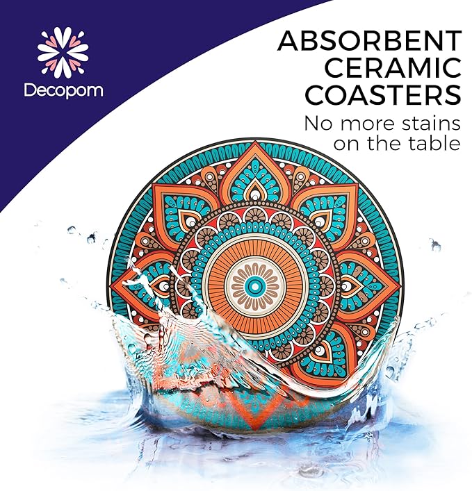 Mandala Drink Coasters with Holder - 8 Set Ceramic Boho Coaster for Drinks Absorbent with Cork Base and Black Holder - Coasters for Coffee Table Apartment Wooden Bar Mugs Glasses Cup Beer