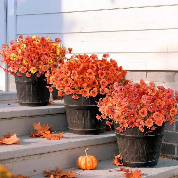 INQCMY Artificial Fall Flowers for Outdoor, 12 Bundles Faux Pansy Fake Mums Flowers Plants Outdoor Fall Decor, UV Resistant No Fade Silk Flower for Porch Planter Patio Yard Garden(Orange Autumn Red)