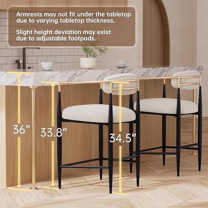 Morden Fort Counter Height Bar Stools Set of 2, Modern Upholstered Counter Stools with Gold Arms and Black Metal Legs, 26" Island Chairs for Kitchen and Home Bar